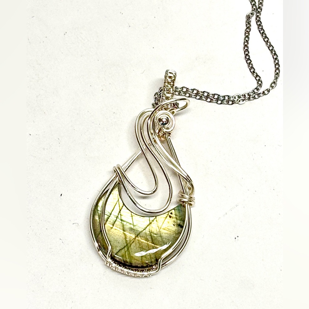 HAND CRAFTED Crescent Moon Labradorite Wire Wrap Silver Plate Pendant Necklace